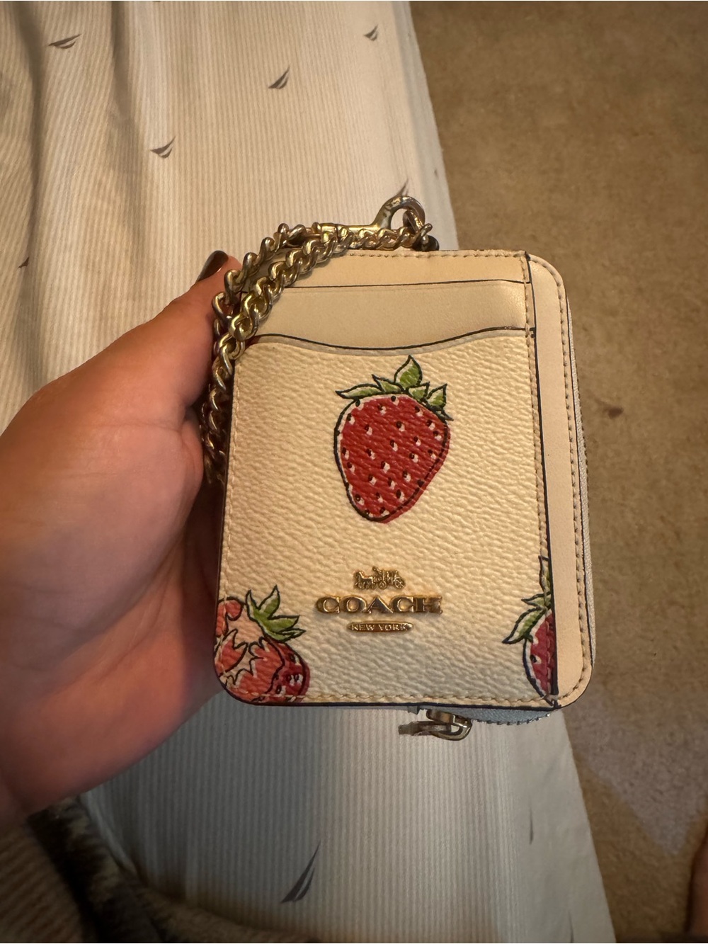 Coach Cream Leather Strawberry Card Case with Gold Chain
